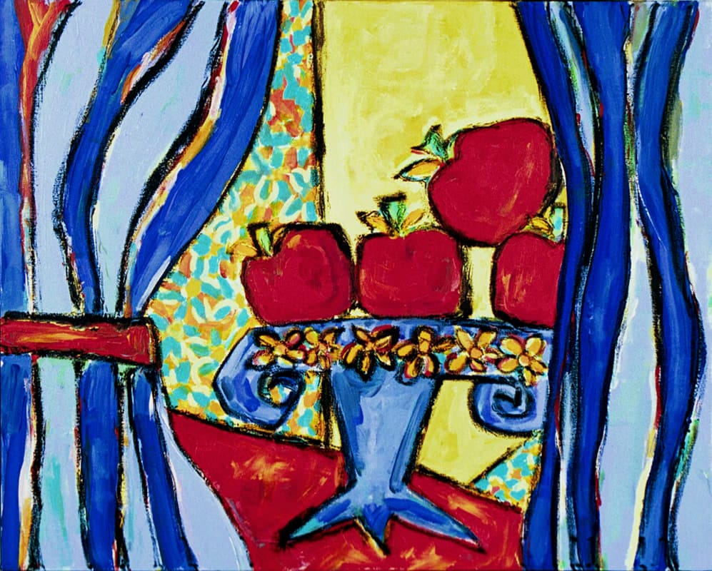Apples Behind Blue Curtains